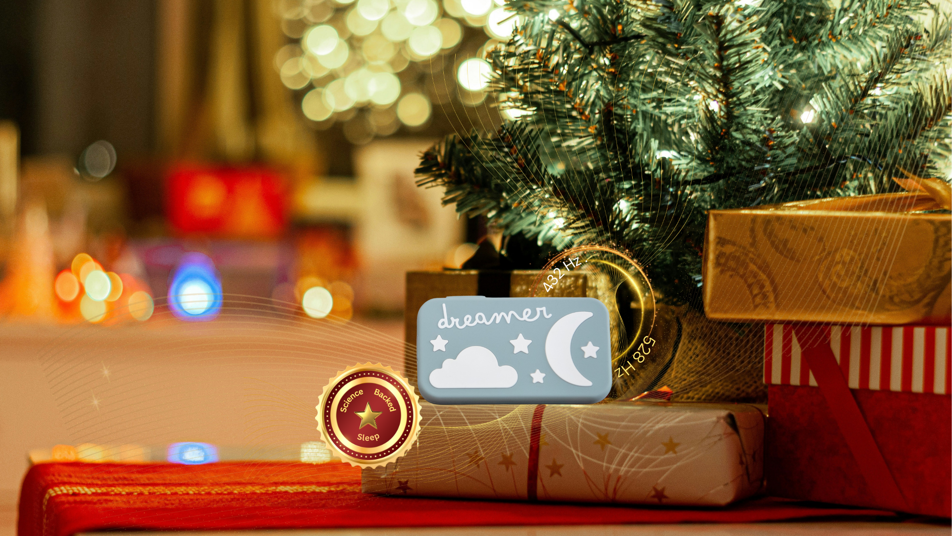 Decorative sign with 'dreamer' text on a Christmas-themed background with tree and presents.